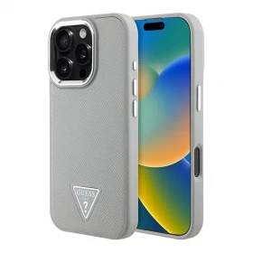 Накладка Guess для iPhone 16 Pro Max PU Grained leather Triangle metal logo Hard (MagSafe), Beige (GUHMP16XPGTSPSE)