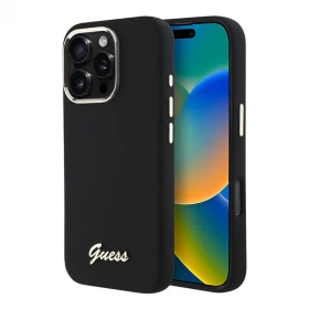 Накладка Guess для iPhone 16 Pro Max Liquid silicone Gold metal logo & Camera frame Hard Black (GUHCP16XSMBSLK)