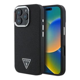 Накладка Guess для iPhone 16 Pro Max PU Grained leather Triangle metal logo Hard (MagSafe), Black (GUHMP16XPGTSPSK)