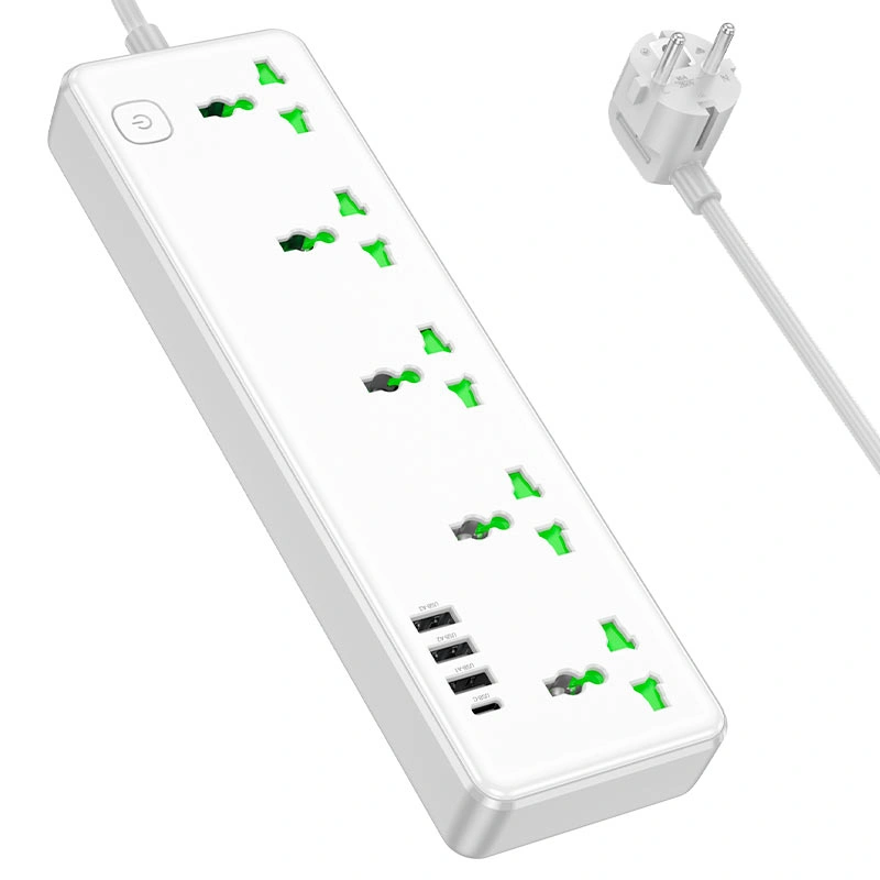 Сетевой фильтр Hoco AC13A Talento, 3*USB-A, 5*AC розеток, 1*USB-C, 1.5 м, 2500W DC17W, White. Фото 2