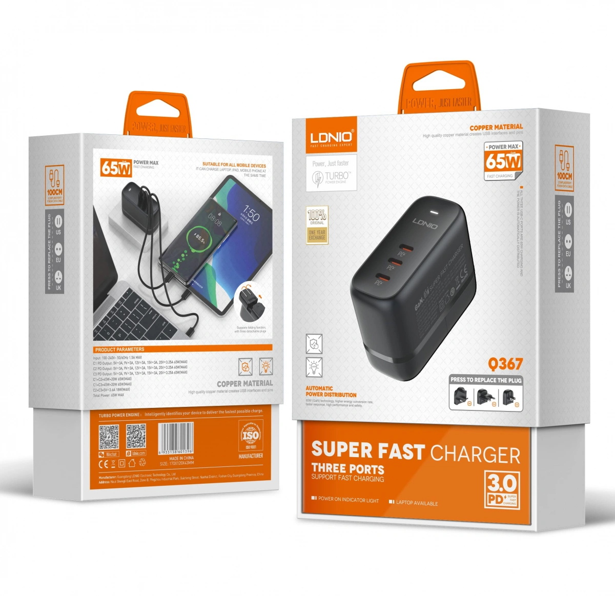 Сетевое зарядное устройство LDNIO 65W GaN Super Fast Charger + кабель USB-C - USB-C 1м, Чёрное (Q367). Фото 5