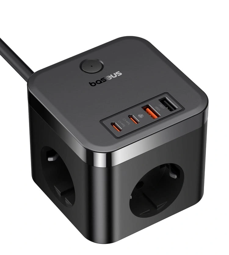 Сетевое зарядное устройство Baseus PowerCombo Cube Power Strip 3AC+2U+2C 30W 1.5m, Чёрное (E00066400117-00). Фото 2