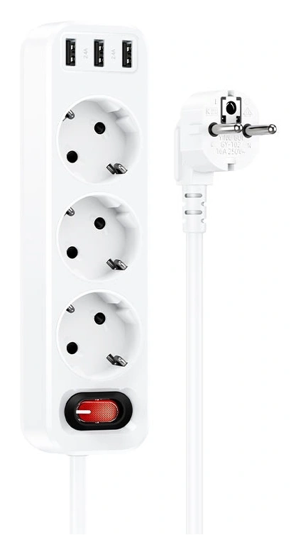 Сетевой фильтр Hoco NS2 3 USB + 3 Bit 1.8м, Белый. Фото 1