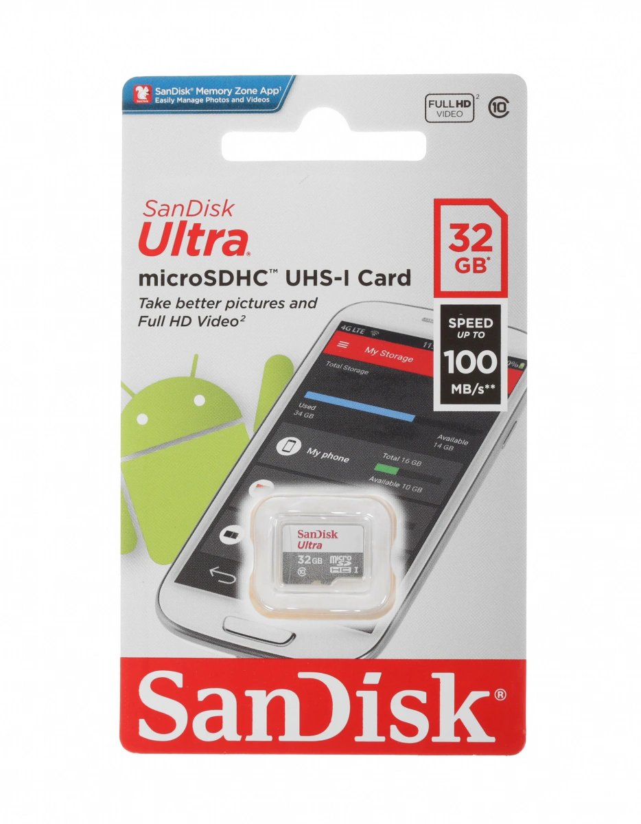 Карта памяти Sandisk 32Гб MicroSD Class 10 (SDSQUNR-032G-GN3MN) 100мб/с. Фото 1