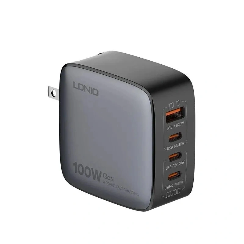 Сетевое зарядное устройство LDNIO Q408 100W GaN Supper Fast Charger, US/UK/EU Plug, 1xUSB-A + 3xUSB-C, Чёрное. Фото 1