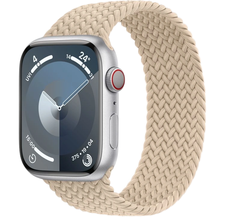 Apple Watch Series 9, 41 мм, серебристый алюминий, Beige Braided Solo Loop, размер 3 (MR9M3). Фото 1