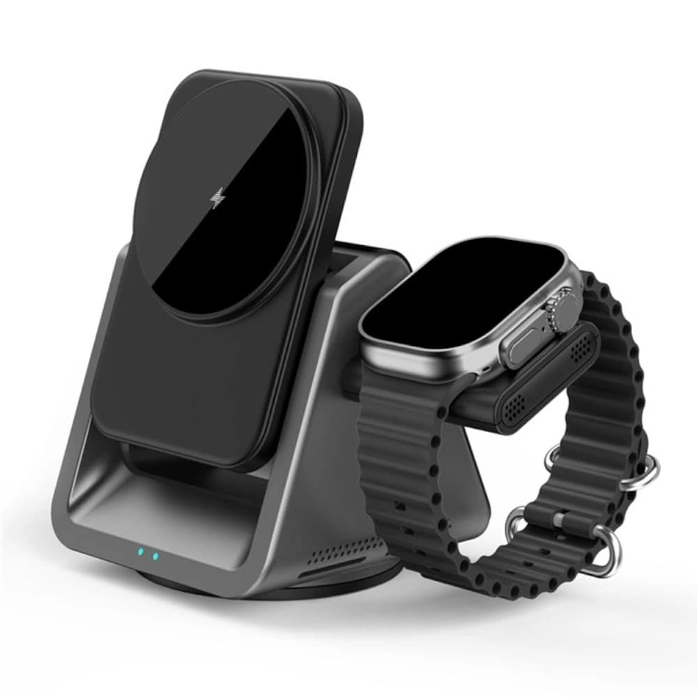 Беспроводная зарядная станция Wiwu Power Air 3in1 Wireless Charger Wi-W018 15W, Чёрная. Фото 1