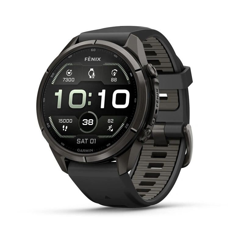 Умные часы Garmin Fenix 9 Pro 43MM, АMOLED, LTE, Carbon gray DLC titanium with black/pebble gray silicone band. Фото 1