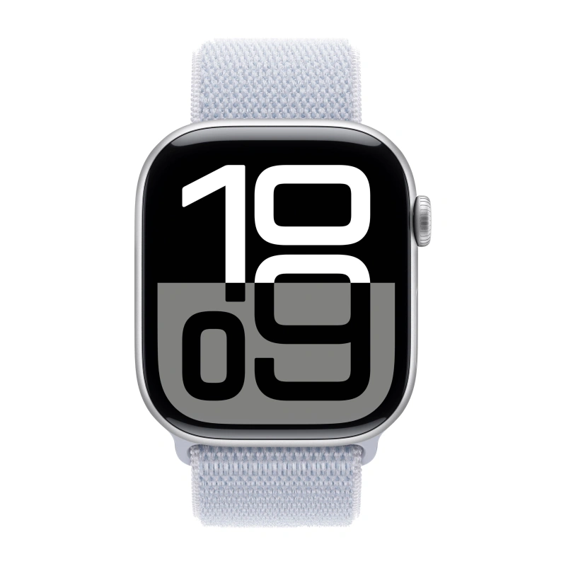 Apple Watch Series 10 LTE, 46 мм, серебристый алюминий, спортивный браслет цвета "Blue Cloud" (MWY23). Фото 2