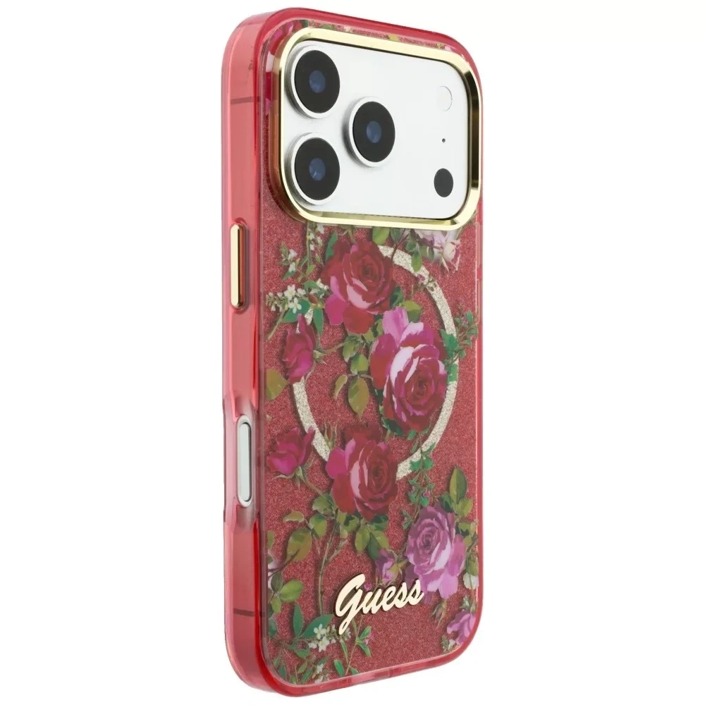 Накладка Guess для iPhone 18 Pro / 17 Pro IML Glitter Flowers Roses Metal Logo&Cam Hard (MagSafe), Burgundy (GUHMP18L6HTBGSLU). Фото 3