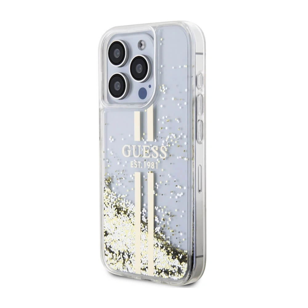 Накладка Guess для iPhone 15 Pro Liquid Glitter Gold Stripes Hard, Transparent (GUHCP15LLFCSEGT). Фото 2