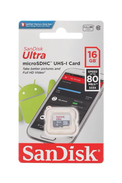 Карта памяти Sandisk 16Гб MicroSD Class 10 (SDSQUNS-016G-GN3MN) 80мб/с. Фото 1