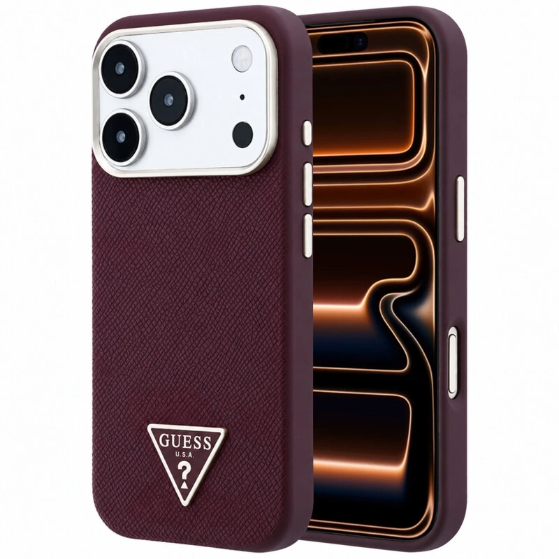 Накладка Guess для iPhone 18 Pro Max / 17 Pro Max PU Grained Triangle Metal logo &Cam Hard (MagSafe), Burgundy (GUHMP18XPGSMTLSU). Фото 1