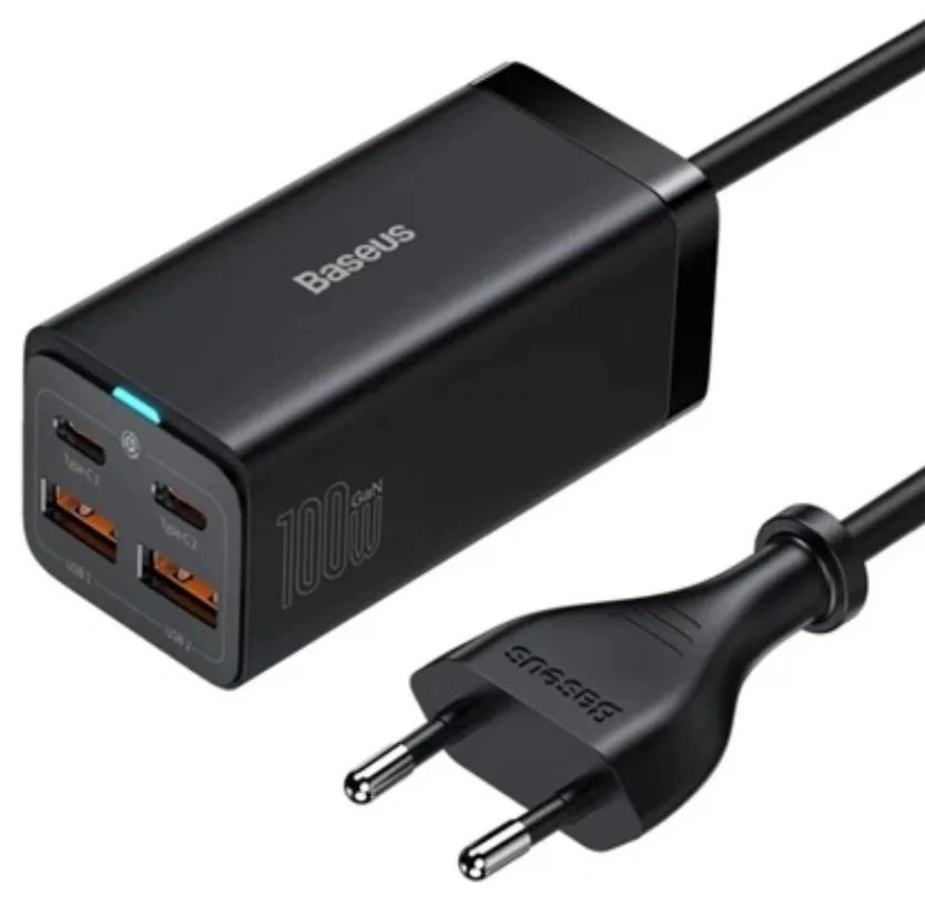 Сетевое зарядное устройство Baseus GaN3 Pro Desktop Fast Charger 2C+2USB 100W EU + Cable Type-C to Type-C 100W 1м, Чёрный (CCGP000101). Фото 1