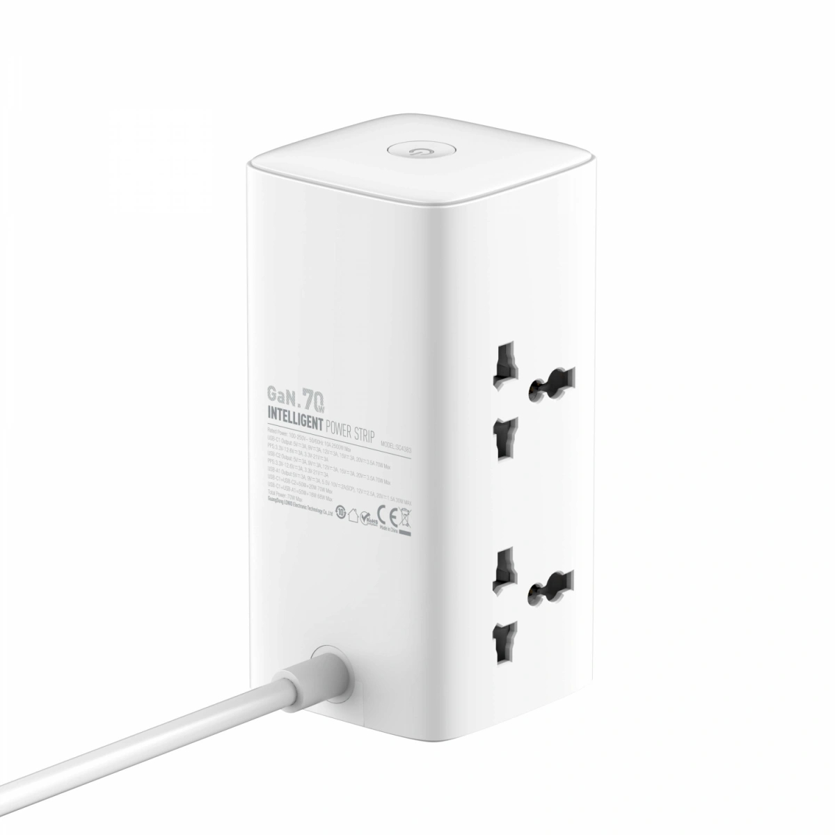 Сетевой фильтр LDNIO 70W Multifunctional Universal Desktop Power Adapter, 2500W, 4 розетки, 2хUSB-C, 1хUSB-A, 2 метра, Белый (SC4383). Фото 3