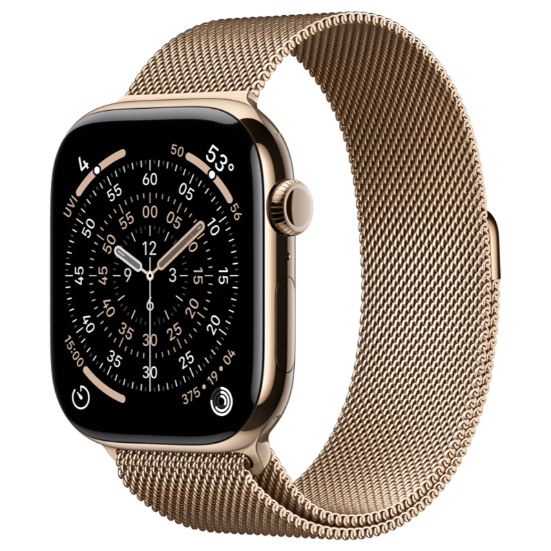 Apple Watch Series 11 GPS + Cellular, 46 мм, Gold Titanium, Миланская петля "Gold", S/M (MFD74). Фото 1