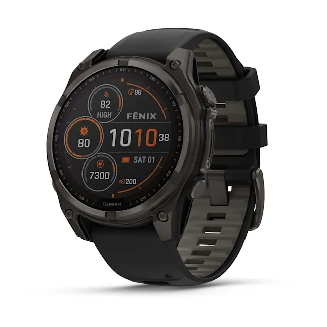 Умные часы Garmin Fenix 8 47mm, Solar, Sapphire, Carbon Gray DLC Titanium with Black/Pebble Gray Silicone Band (010-02906-11). Фото 1