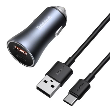 Автомобильное зарядное устройство Baseus Golden Contactor Pro Dual Quick Charger Type C - USB 40W (TZCCJD-0G) With Baseus Simple wiring USB For Type-C 5A 1m, Тёмно-серое
