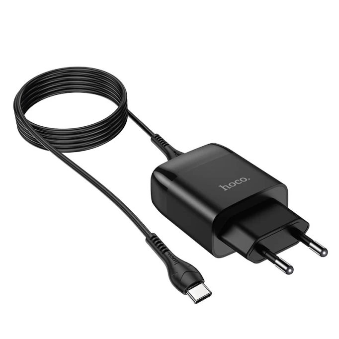 Сетевое зарядное устройство Hoco C72Q Glorious 1xUSB, 3А, 18W, QC3.0 + USB кабель Type-C, 1м, Чёрное