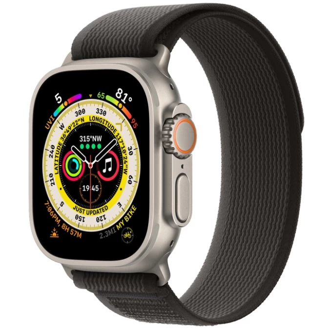 Apple Watch Ultra GPS+Cellular 49mm, ремешок "Black/Gray Trail Loop" размер M/L 145-210mm (MQF53)