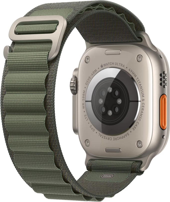 Apple Watch Ultra GPS + Cellular, 49 мм, корпус из титана, ремешок "Starlight Green Loop", M (MQFN3)