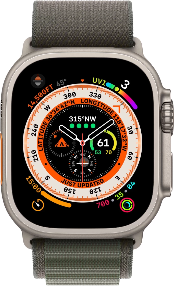 Apple Watch Ultra GPS + Cellular, 49 мм, корпус из титана, ремешок "Starlight Green Loop", M (MQFN3)