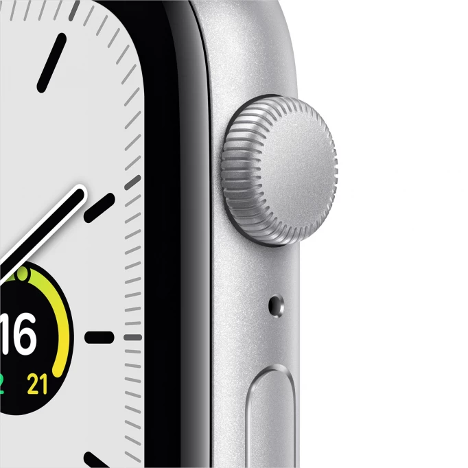 Apple Watch SE, 44 мм, серебристый алюминий, спортивный ремешок белого цвета (MYDQ)